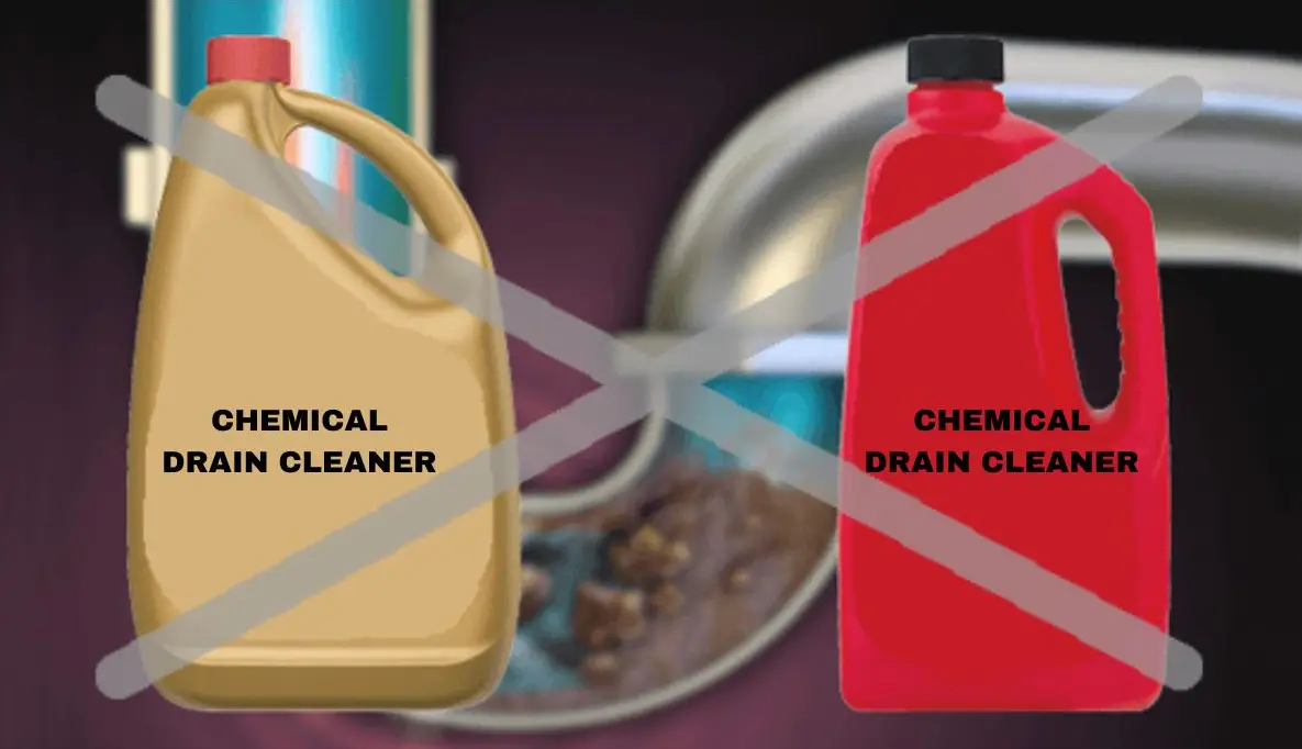 Illustration of two chemical drain cleaners crossed out in front of a clogged pipe, highlighting the dangers of using harsh drain cleaners